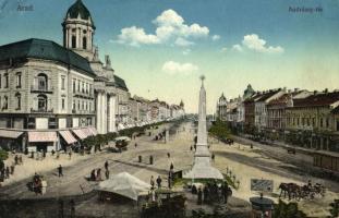 1913 Arad, Andrássy tér, Központi divatáruház, üzletek, automobil, Szentháromság szobor, piaci árusok / square, shops, automobile, Holy Trinity statue, market vendors (kis szakadás / small tear)