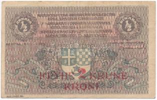 Szerb-Horvát-Szlovén Királyság 1919. 1/2D 2K-ás piros, KPYHE 2 KRUNE KRONI felülbélyegzéssel T:III Kingdom of the Serbs, Croats and Slovenes 1919. 1/2 Dinara with red, 2 Kronen KPYHE 2 KRUNE KRONI overprint C:F Krause 14