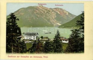 Achensee (Tirol), Gasthaus zur Seespitze, Raabenspitz, Seekarspitz / lake, hotel, mountains, steamship