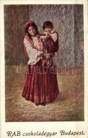 RAB budapesti csokoládégyár reklámja. Cigányasszony gyermekkel. "Derengés" magyar művészlapjai / Hungarian chocolate factory advertisement art postcard, Gypsy woman with child s: Schiff-Jós Benő