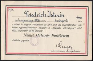 1921 Friedrich István Német Háborús Emlékérem viselésére jogosító emléklap