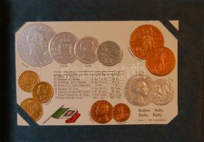 1916 A világ pénzei: 44 dombornyomott litho lap a világ országainak fémpénzeivel, zászlójával szép a...