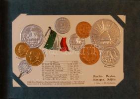 1916 A világ pénzei: 44 dombornyomott litho lap a világ országainak fémpénzeivel, zászlójával szép a...