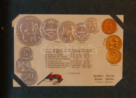 1916 A világ pénzei: 44 dombornyomott litho lap a világ országainak fémpénzeivel, zászlójával szép a...