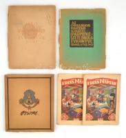 cca 1930-1940 Vegyes nyomtatványok: Pestre, Kazinczy útleírása, 2 dp Iparművészeti Iskola évkönyv, 2 db nagy képes friss naptár.