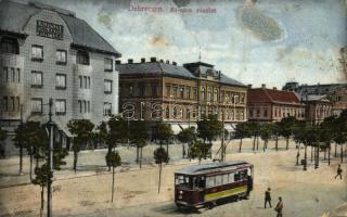 1914 Debrecen, Fő utca, villamos, Alföldi Takarékpénztár. Bettelheim Miksa és Társa kiadása (EK)