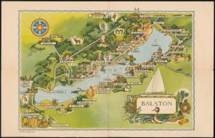 cca 1930 Balaton rajzos térképe kihajtható levelezőlapon 28x18 cm