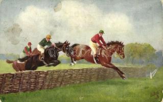 Horse jumping obstacles. Raphael Tuck & Sons Oilette Steeplechasing Series II. Well Ahead 9509. (worn corners)