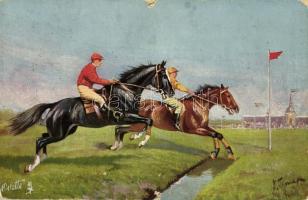 Horse jumping obstacles. Raphael Tuck & Sons Oilette Hindernisrennen Der erste Graben. Series No. 579. (tear)