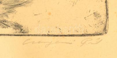 Csergezán Pál (1924-1996): Szepezdi part. Rézkarc, papír, jelzett, üvegezett keretben, 16,5×19 cm