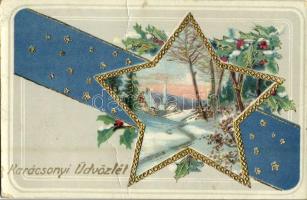 1929 Karácsonyi üdvözlet / Christmas greeting card, golden decorated, winter landscape (fa)