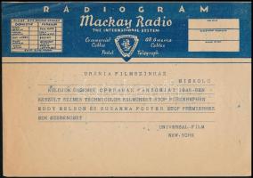 1945 Miskolc, Universal Film távirata az Uránia Filmszínháznak az Operaház Fantomja c. film megküldéséről, radiogram, gyűrődéssel, 14x20 cm