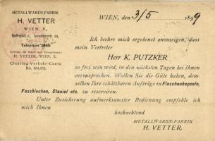 1899 H. Vetter Metallwaren-Fabrik. Wien X. Quellenplatz 6. / Viennese metalware factory advertisement card (tiny tear)