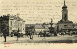1904 Budapest VIII. Kálvin tér, templom, szökőkút, villamos, magkereskedés (EK)