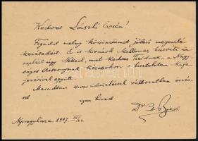 1937 Cserép József (1858-1948) író, középiskolai és egyetemi tanár, bölcselettudor saját kezű sorai és aláírása