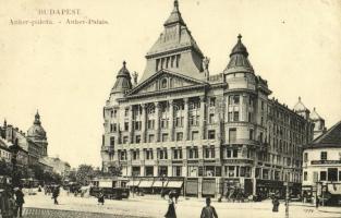 1913 Budapest V. Deák tér, Anker palota, villamosok, Polacsek és Ekker-Pártos üzlete. N.M. Bp.