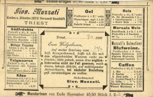 1899 Giov. Muzzati Erstes u. ältestes (1873) Versandt Geschäft Triest / advertisement card of Giovanni Muzzatis shop in Trieste (vágott / cut)
