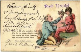 1899 Prosit Neujahr! Gegen das Licht halten / New Year hold to light greeting card, romantic couple, litho (EK)