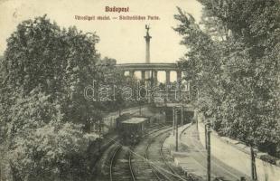 1910 Budapest XIV. Városliget, földalatti villamos vasút torkolata, Milleniumi emlékmű (Hősök tere) a háttérben