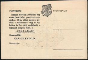 1942 Karády Katalin (1910-1990)  színésznő árnyképe, hátoldalon a Csalódás című film játékos reklámj...