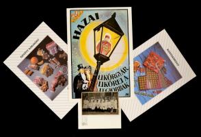 cca 1948-1979 Vegyes nyomtatvány tétel, 5 db, közte öntött darabáru, konyakmegy, Hazai likőr reklám (reprint), Édesipari vállalat fejléces papírja, Dreher Keksz gyár dolgozóinak 1948. máj. 1. fotója (8x13 cm.)