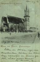 1900 Beszterce, Bistritz, Bistrita; Evangélikus templom, Vásár tér / church and market square (EK)