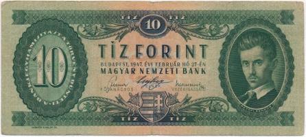 1947. 10Ft T:III,III- Hungary  1947. 10 Forint C:F,VG  Adamo F2
