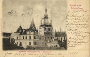 1901 Segesvár, Schässburg, Sighisoara; Fiú kollégium, Óratorony / Alberthaus (Knabeninternat), Stundturm / clock tower, boy boarding school (szakadás / tear)