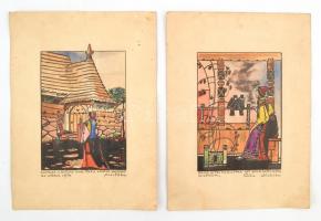 Soós Z. jelzéssel: 2 db színes mese illusztráció versekkel. Filc, papír. 16x11 cm