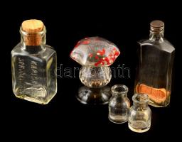 5 db régi üveg palack, közöttük feliratosak, gyógyszeresek, illatszeresek. 5,5-14 cm-ig