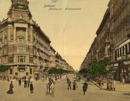 1909 Budapest VI. Andrássy út, Fonciere Pesti Biztosító Intézet, Takarékpénztár, üzletek, lovas csendőr. Kinyitható képeslap / folding postcard