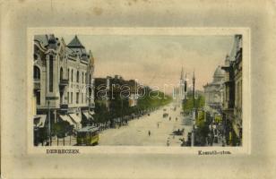 1915 Debrecen, Kossuth utca, villamos, üzletek, templom. W. L. Bp. 5963. Ideal (szakadás / tear)