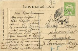 1915 Debrecen, Kossuth utca, villamos, üzletek, templom. W. L. Bp. 5963. "Ideal" (szakadás...