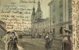 1905 Eger, Ciszterci rendház és templom. Montázs előkelő urakkal és hölgyekkel. Kiadja Károly Gyula / montage postcard (EK)