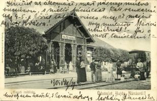 1904 Hajdúnánás, vasúti indóház, vasútállomás, vonat, vasutasok. Bartha Imre kiadása (EK)
