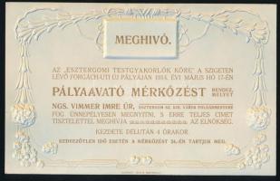 1914 Dekoratív szecessziós dombornyomásos meghívó az Esztergomi Testgyakorlók Köre pályaavató focimeccsére, szép állapotban