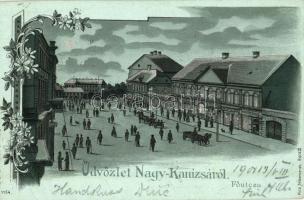 1900 Nagykanizsa, Fő utca, Pollak, Irmler József, Milhofer Ödön üzlete. Ezüstös Art Nouveau, floral, litho