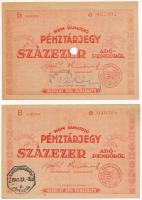 1946. 100.000AP nem kamatozó Pénztárjegy, &quot;Másra Át Nem Ruházható&quot; (2x) egyik lyukasztással érvénytelenítve, a másikon &quot;M. Kir. Postatakarékpénztár&quot; bélyegzéssel T:I-,II