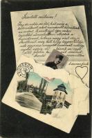 1914 Komárom, Komárnó; Kőszűz, várkapu. Montázs levéllel és katona arcképével, Spitzer Sándor kiadása / statue, castle gate. Montage with letter from a soldier