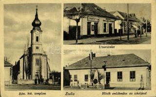 1944 Zselíz, Zeliezovce; Római katolikus templom, utca, Hősök emlékműve, iskola, Levente Otthon, országzászló, Modrovics L. könyv és papírkereskedése / church, street, heroes monument, Hungarian flag, school, building of the Hungarian paramilitary youth organization "Levente", book shop + "M. KIR. MOZGÓPOSTA 108" (EK)