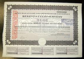 1946. "Pesti Hazai Első Takarékpénztár-Egyesület" részvényelismervénye 1000P-ről (3x) egymásutáni sorszámmal!