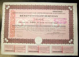 1946. "Pesti Hazai Első Takarékpénztár-Egyesület" részvényelismervénye 500P-ről
