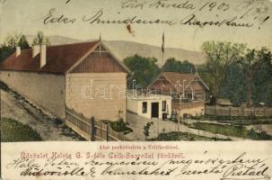 1903 Csíkszereda, Miercurea Ciuc; Helvig G. J. féle csíkszeredai fürdő, alsó park részlete a téli fürdővel / spa, baths, park (Rb)