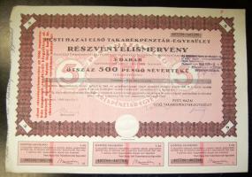 1946. "Pesti Hazai Első Takarékpénztár-Egyesület" részvényelismervénye 500P-ről