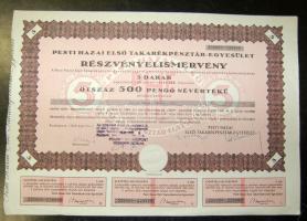 1946. "Pesti Hazai Első Takarékpénztár-Egyesület" részvényelismervénye 500P-ről