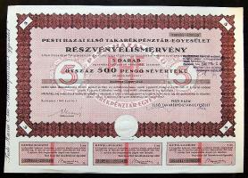 1946. "Pesti Hazai Első Takarékpénztár-Egyesület" részvényelismervénye 500P-ről