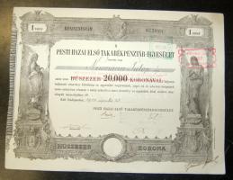 1924. "Pesti Hazai Első Takarékpénztár-Egyesület" részvénye 20.000K-ról 100P fny-sal!