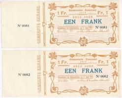 Belgium 1914. 1Fr "Gemeente Eename" (2x) sorszámkövetők, felhasználatlanok, ellenőrző ívvel T:1 Belgium 1914. 1 Franc "Gemeente Eename" (2x) sequential serials, unused with check sheet C:UNC