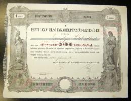 1924. "Pesti Hazai Első Takarékpénztár-Egyesület" részvénye 20.000K-ról 100P fny-sal!