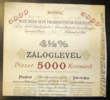 1918. "Pesti Hazai Első Takarékpénztár-Egyesület" záloglevele 5000K-ról, szelvényekkel